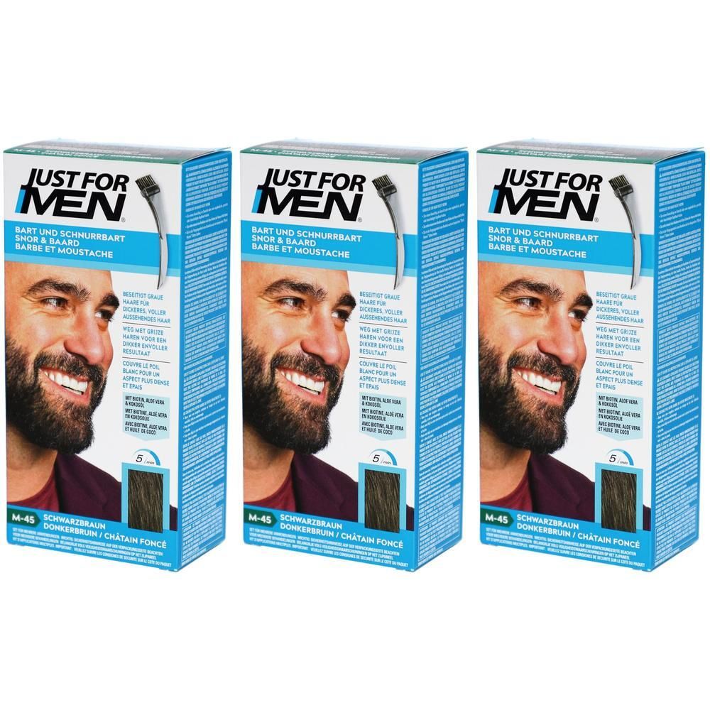 Drie pakken Just For Men Baard & Snor Kleuring M45 Donkerbruin. Toont een man met baard en snor.
