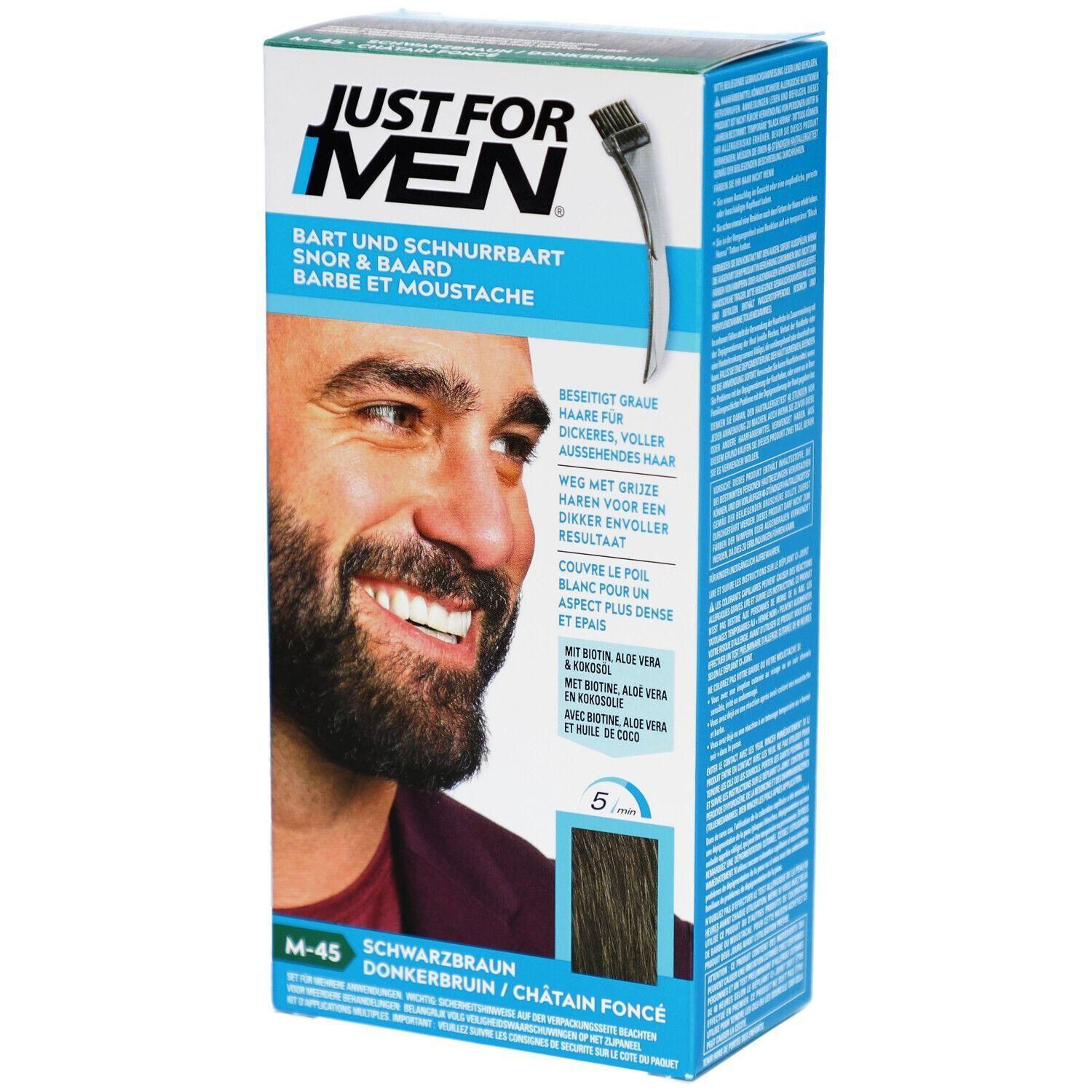 Just For Men coloration moustache et barbe M45 Chatain Fonce. Boîte en carton avec image d'homme et échantillon de couleur.