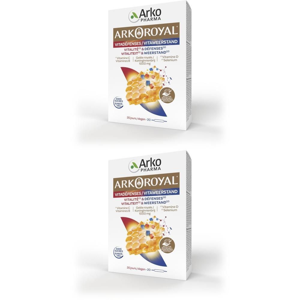 Boîte Arkoroyal Vitadéfenses avec illustration de rayons de miel et symboles de vitamines.