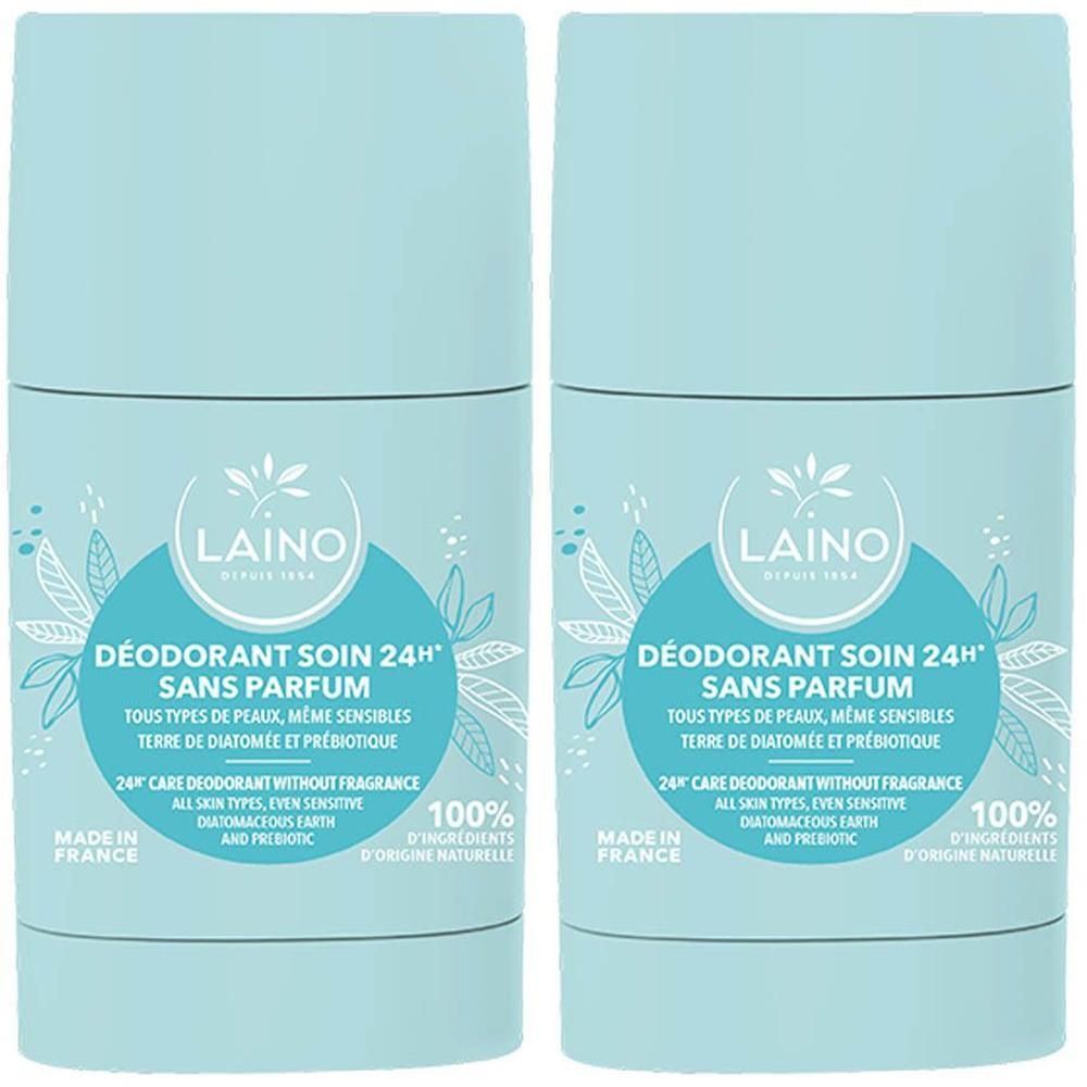 Deux déodorants Laino bâtonnets, sans parfum, protection 24h, pour peaux sensibles.