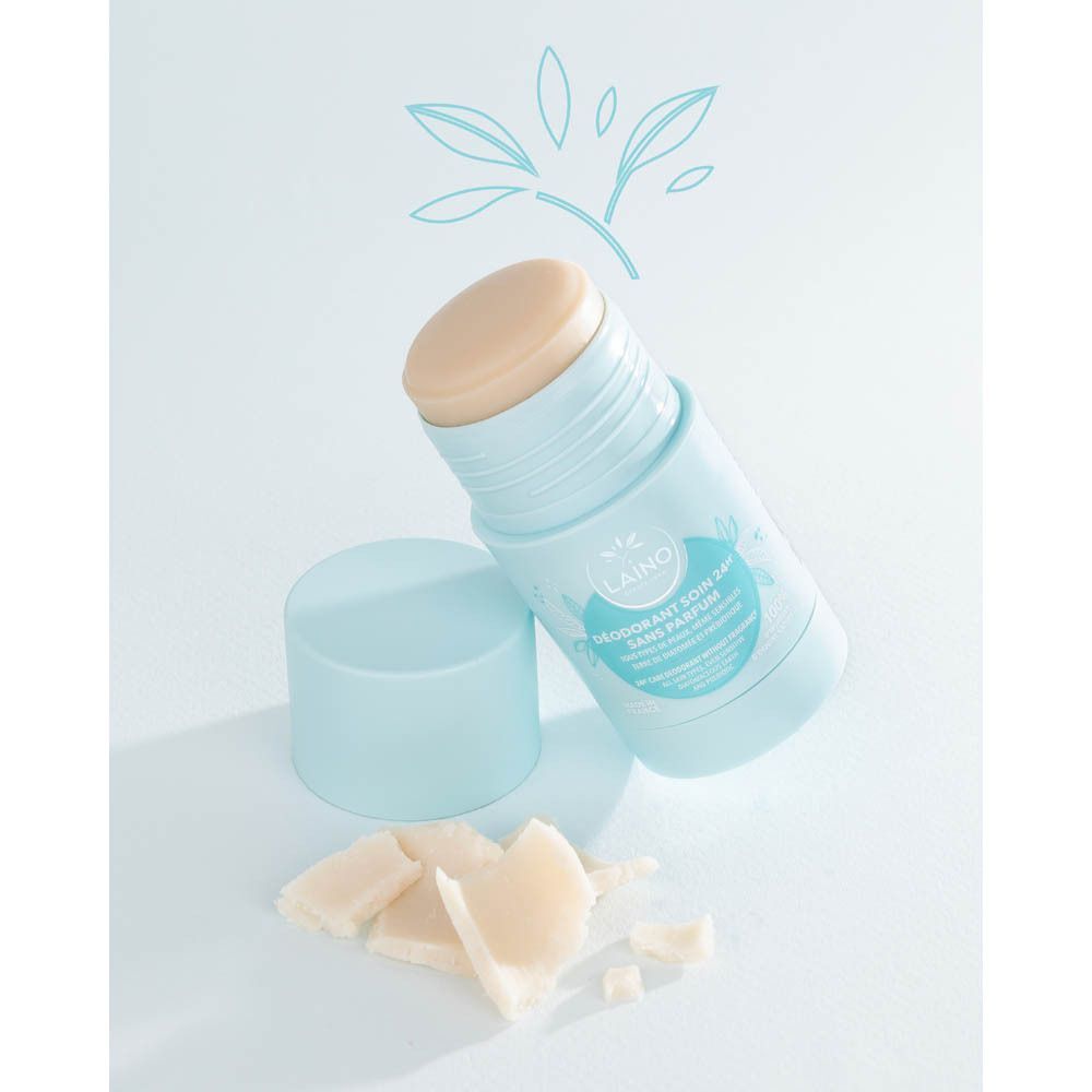 Open Laino deodorant stick met losgedraaide dop en productmonster.