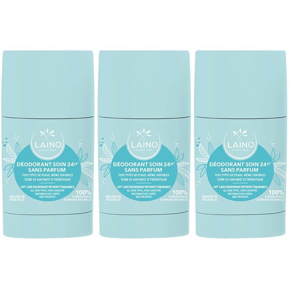 Drie Laino Deodorant Stiften, 24H Verzorging, Geurloos. Lichtblauwe verpakking met plantenmotief.