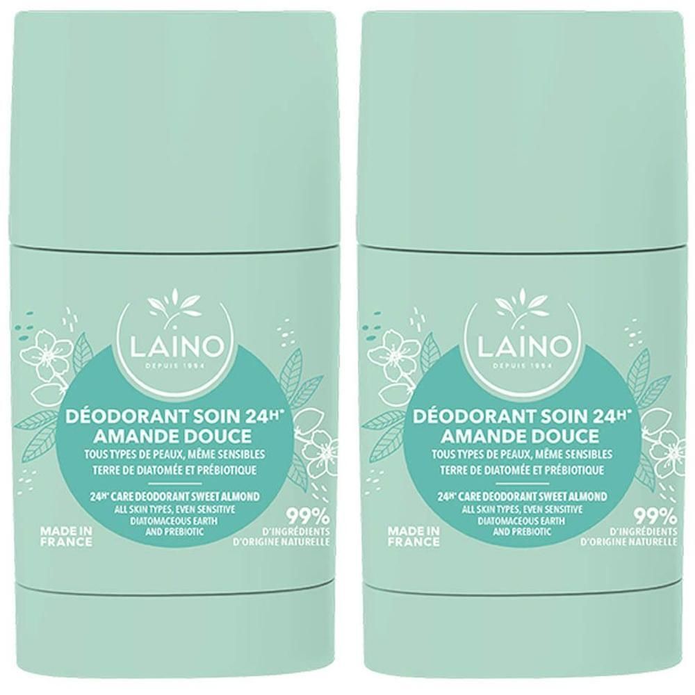 Twee Laino Deodorant Sticks Zoete Amandel, 24u verzorging voor gevoelige huid.