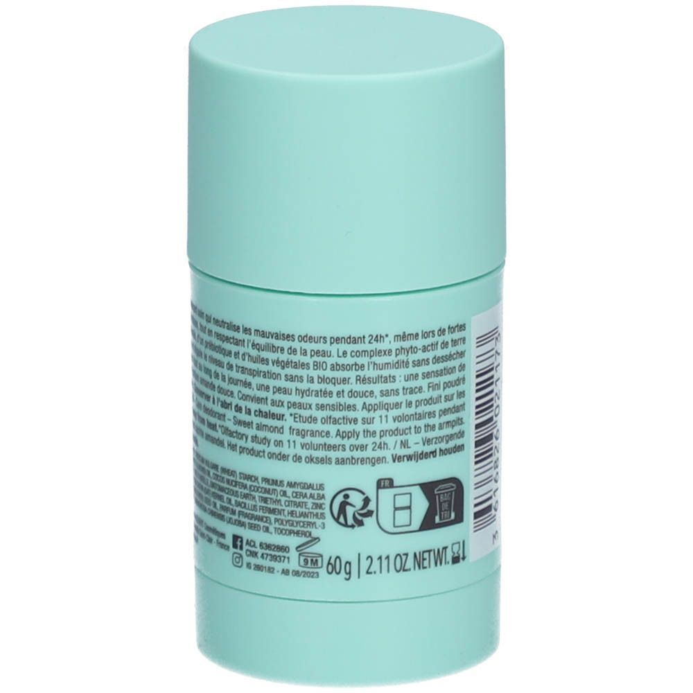 Stick déodorant Laino Amande Douce, 60g. Arrière du produit avec informations.