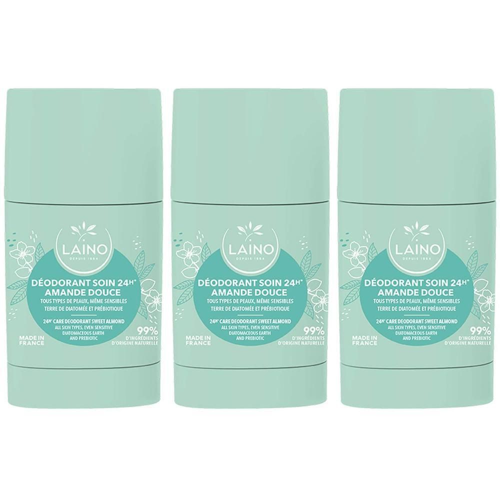 Drie Laino deodorant sticks met zoete amandelgeur.
