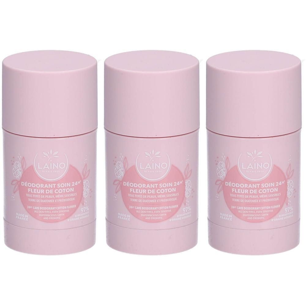 Trois déodorants Laino roses avec motif fleur de coton.