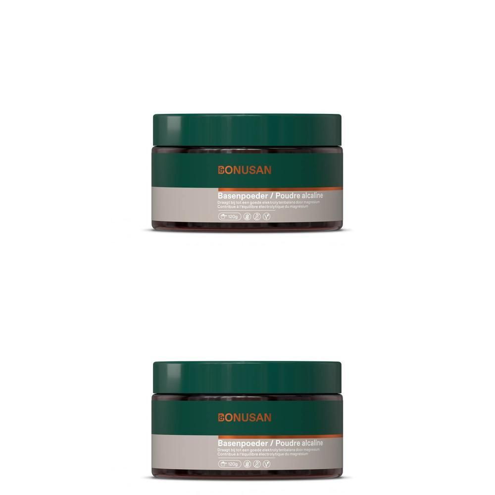 Bonusan Poudre alcaline dans un récipient foncé avec un couvercle vert.