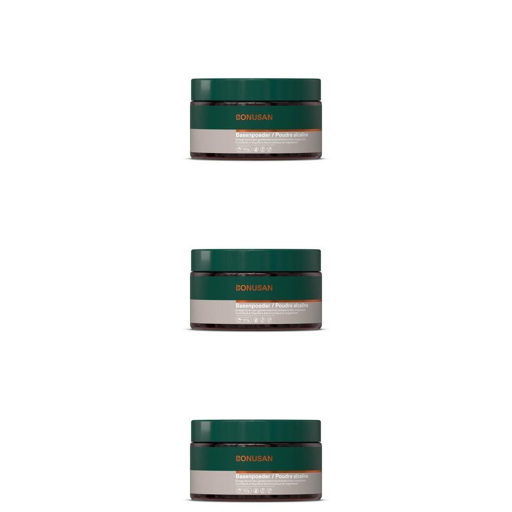 Trois pots de Bonusan Poudre Alcaline avec couvercles et étiquettes vert foncé.