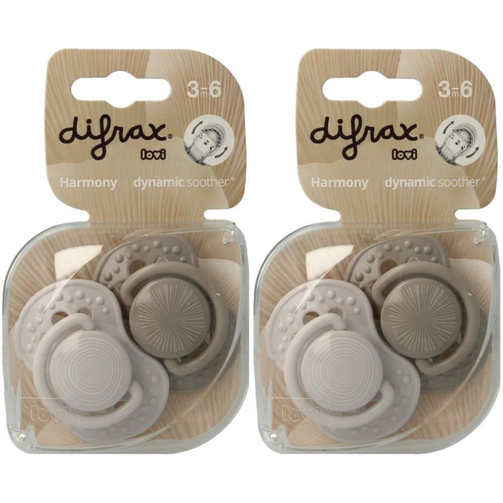 Twee Difrax Dynamic Harmony fopspenen in Beige/Koper voor 3-6 maanden.