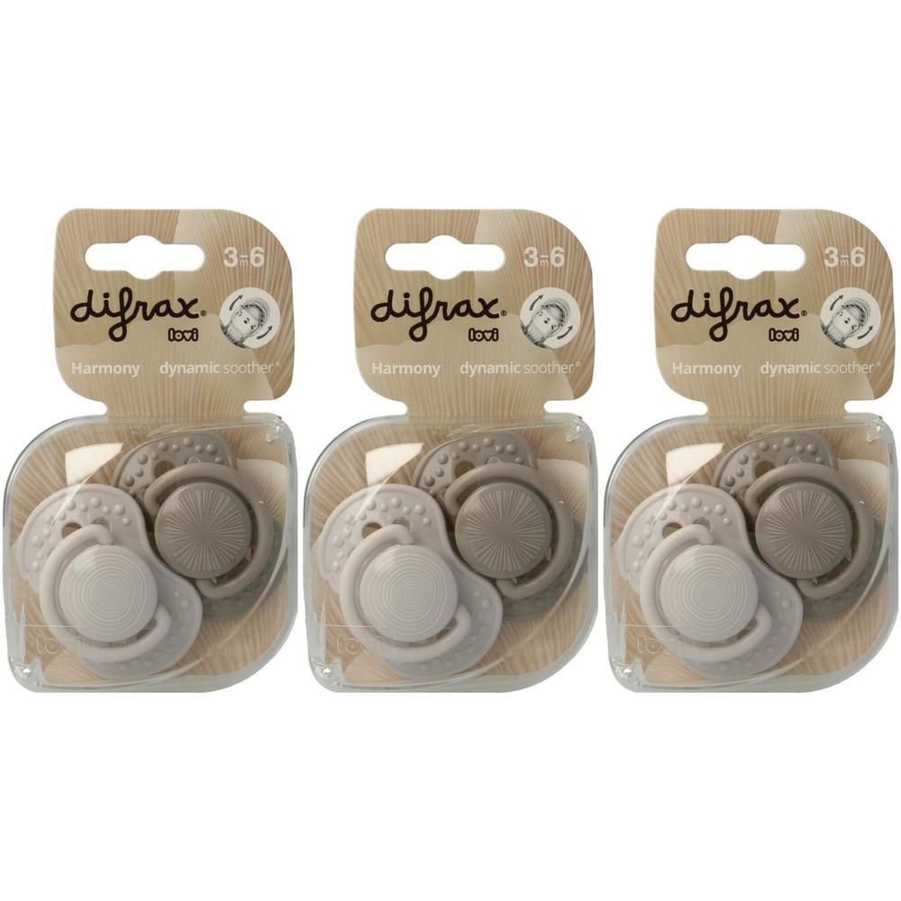 Drie Difrax Dynamic Harmony fopspeentjes Beige/Koper, 3-6 maanden, in individuele verpakkingen.