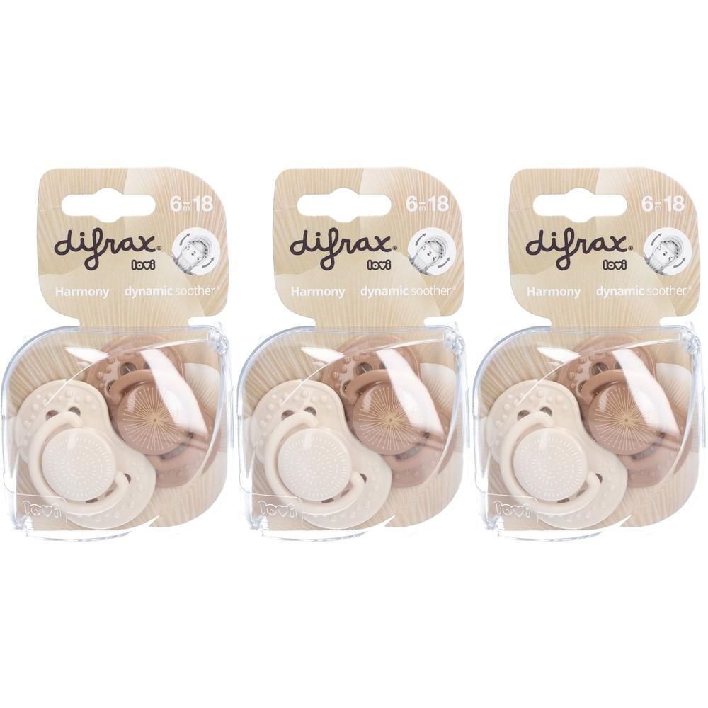 Trois sucettes Difrax Harmony Dynamic Beige/Cuivre 6-18 mois, emballées.