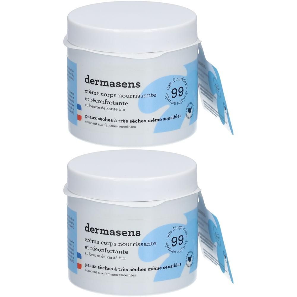 Twee potten Dermasens bodycrème met witte deksels. Etiketten tonen productinformatie en een "99"-cijfer.