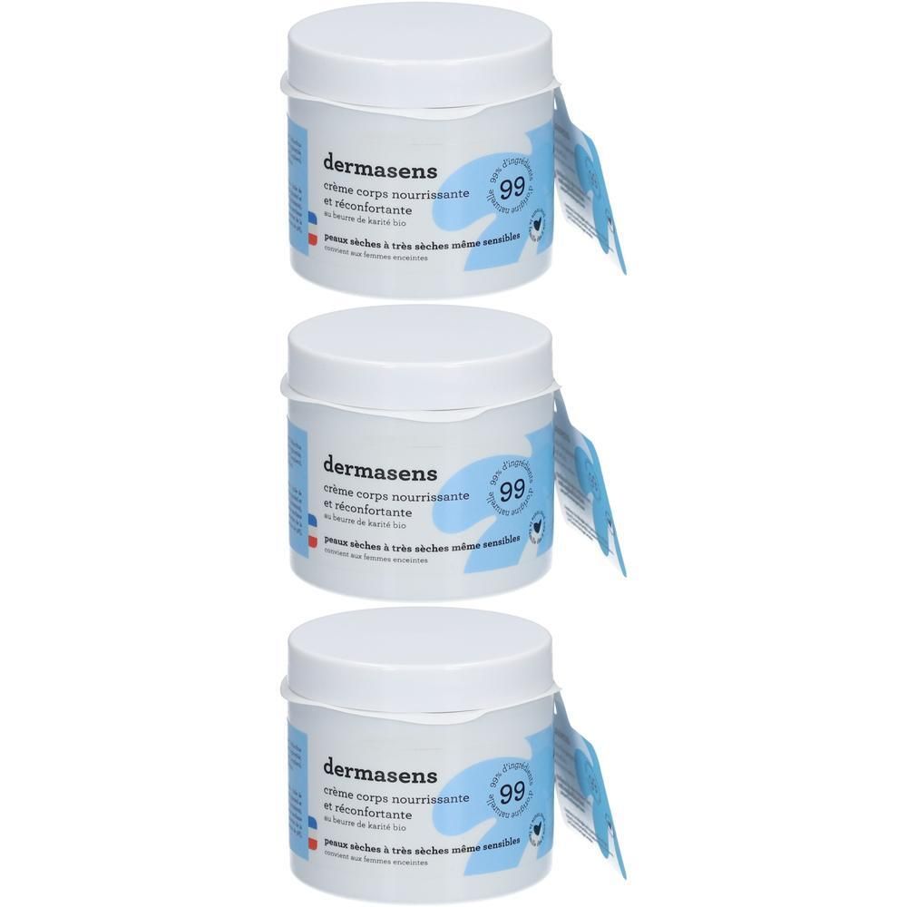 Drie witte potten Dermasens bodycrème, etiketten met blauwe en witte details.