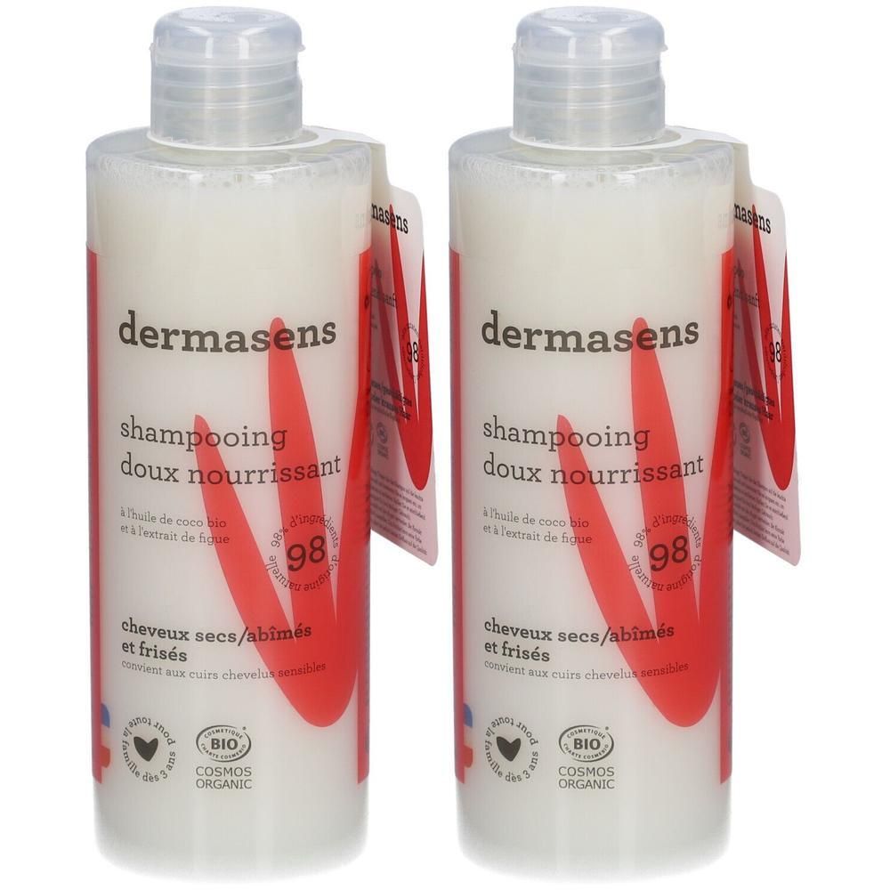 Twee flessen Dermasens milde, voedende shampoo voor droog, beschadigd en krullend haar.