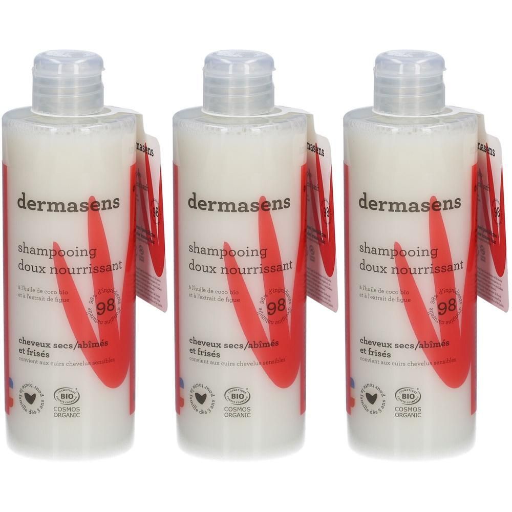 Trois flacons de shampooing doux nourrissant Dermasens pour cheveux secs, abîmés et frisés.
