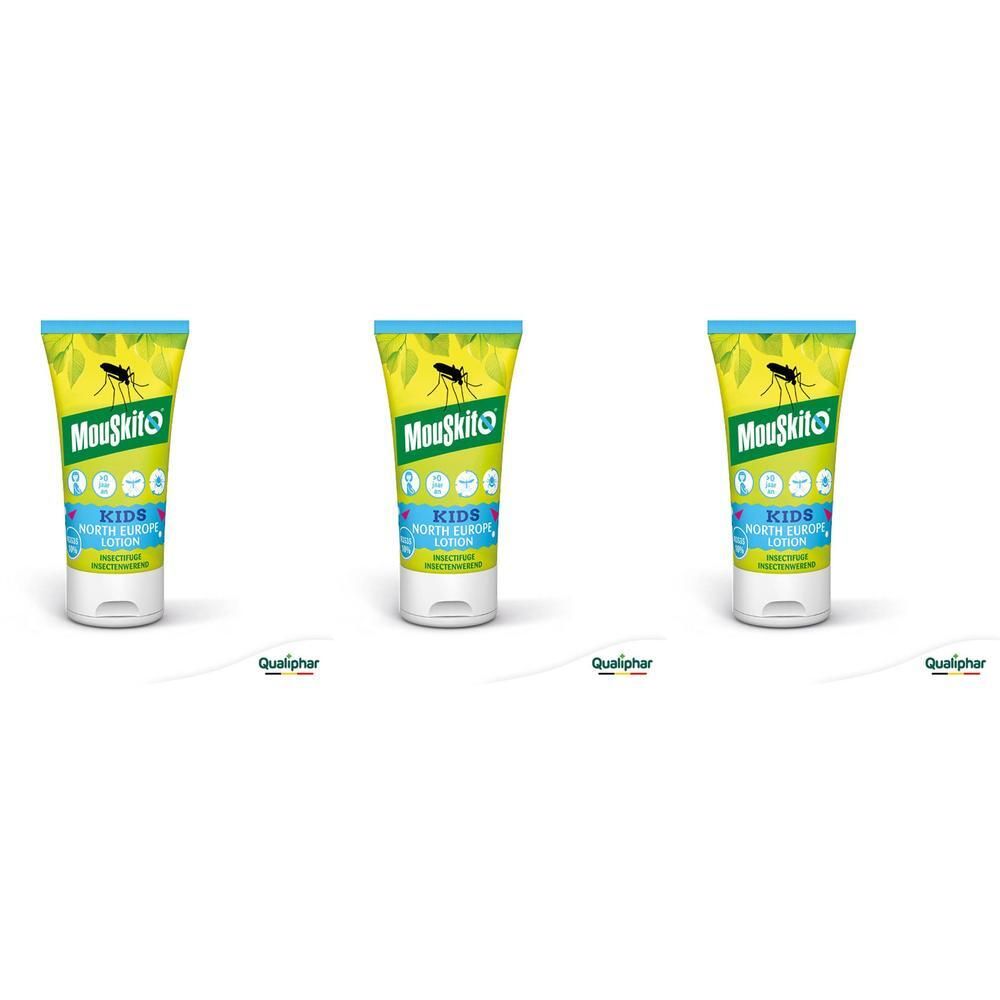 Trois tubes de lotion Mouskito® North Europe Kids côte à côte.