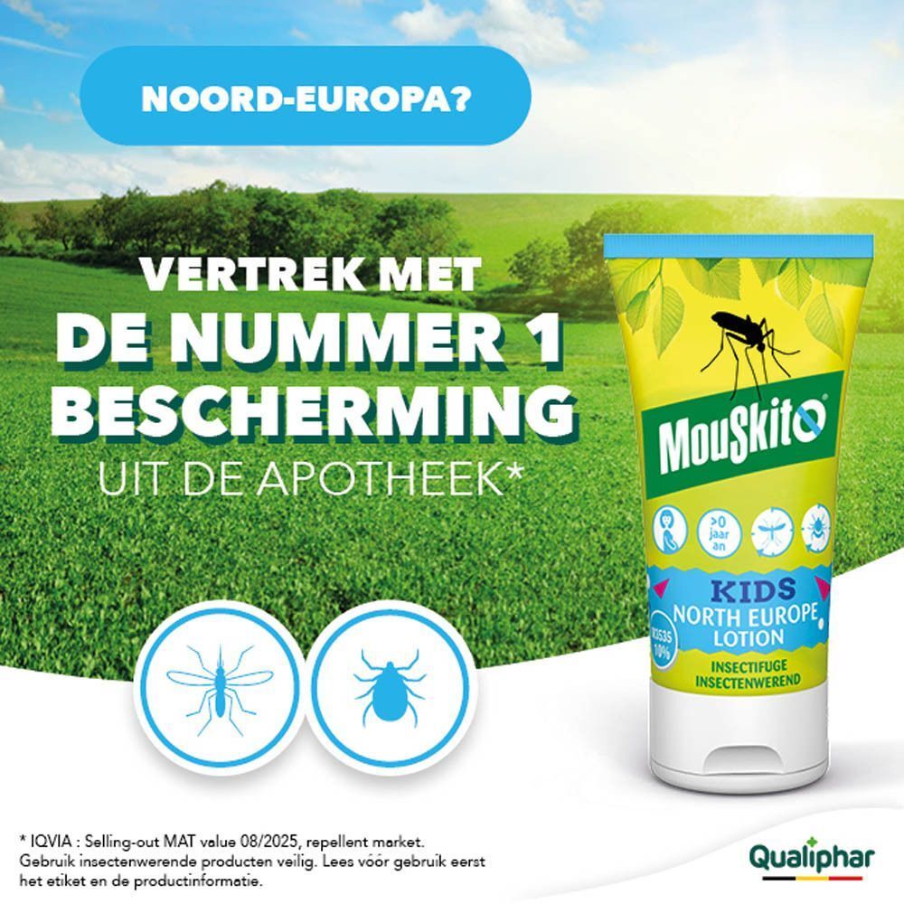 Mouskito® North Europe Kids Lotion tube in een buitenomgeving.