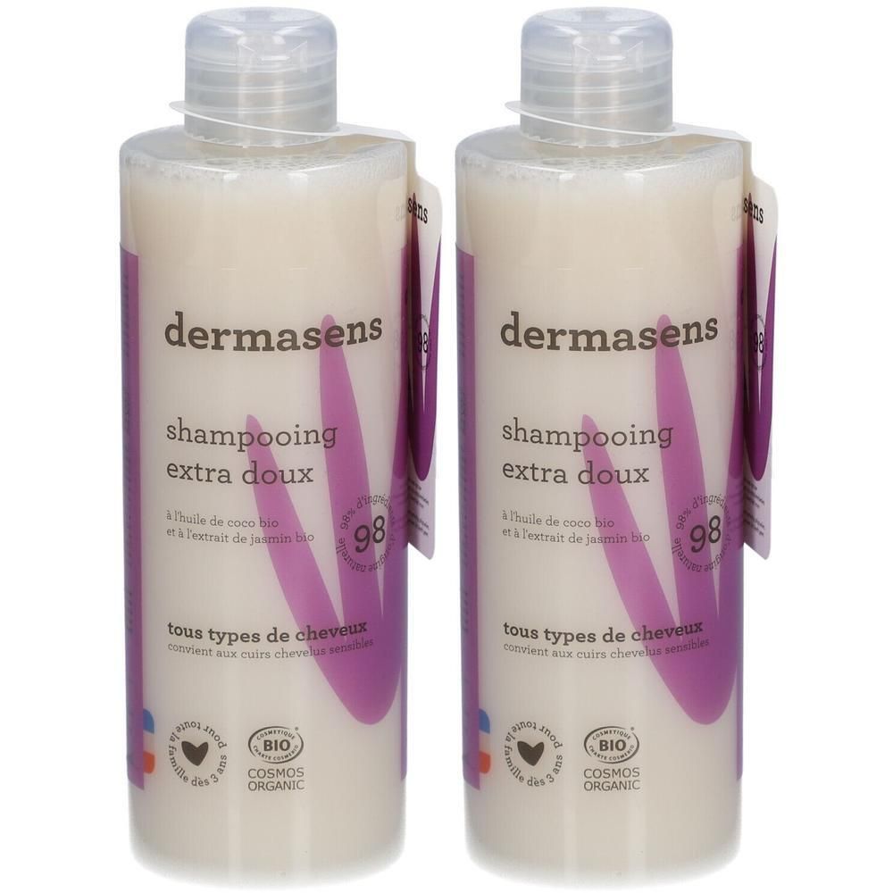 Deux flacons de shampooing Dermasens extra doux pour tous types de cheveux. À l'huile de coco bio et extrait de jasmin bio.