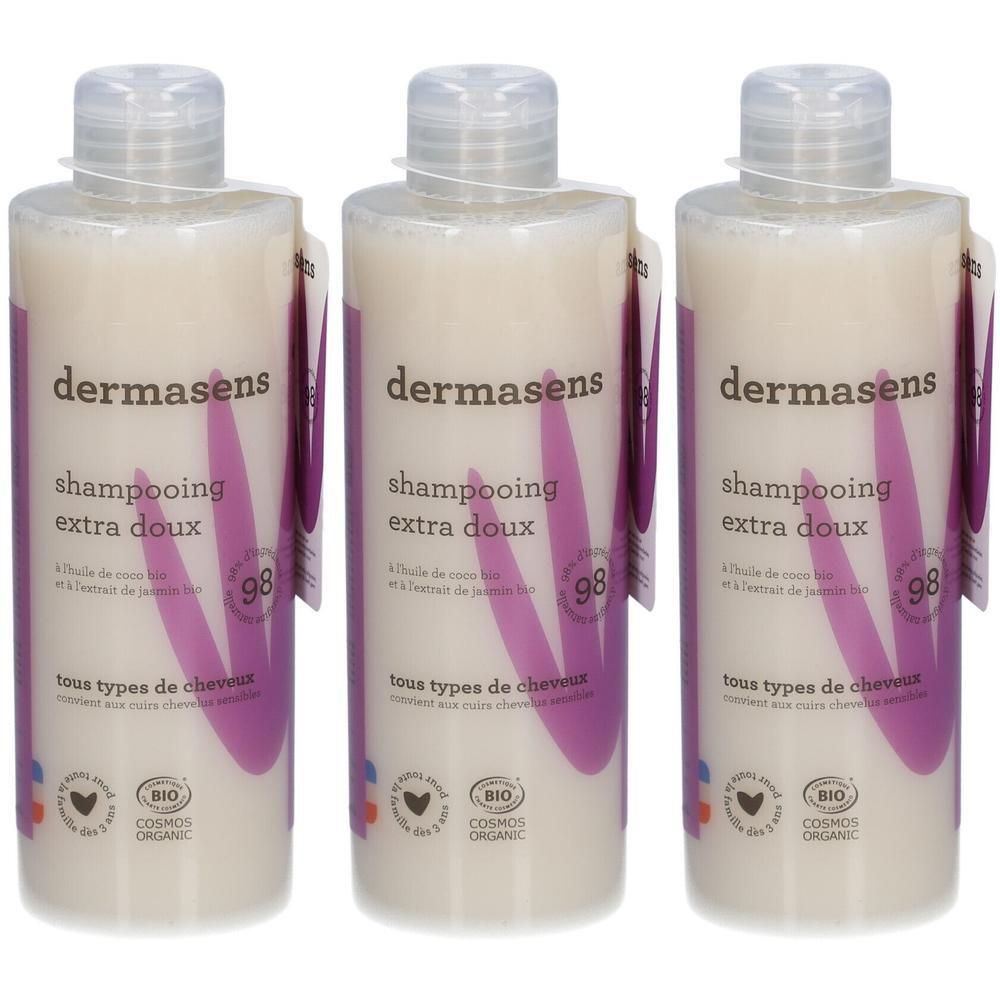 Trois flacons de Dermasens Shampooing Extra Doux pour tous types de cheveux. À l'huile de coco et extrait de jasmin. Certifié BIO COSMOS ORGANIC.