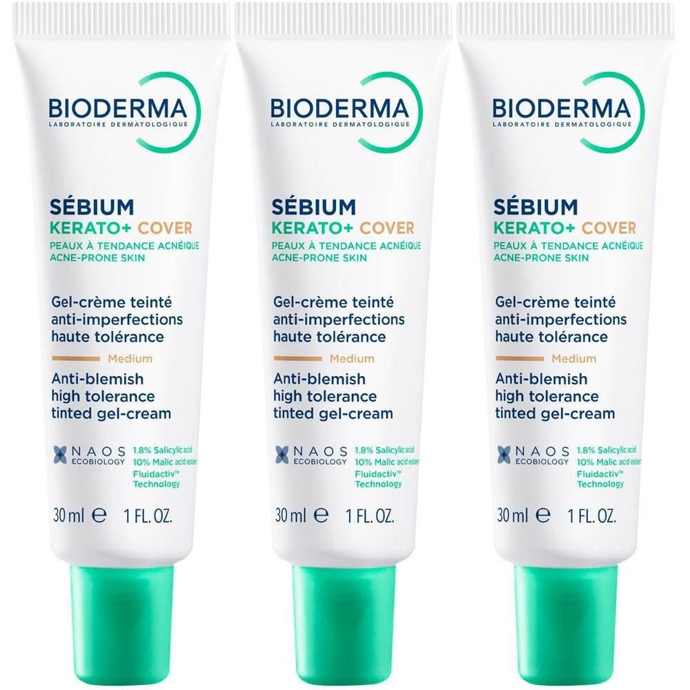 Drie tubes Bioderma Sébium Kerato+ Cover Gel-Crème, 30 ml.