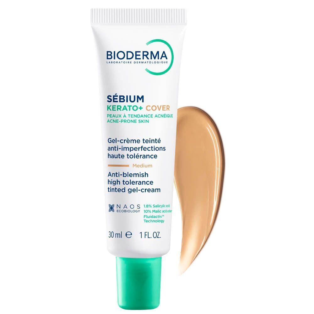 Bioderma Sébium Kerato+ Cover Gel-Crème, Medium, avec échantillon de couleur.