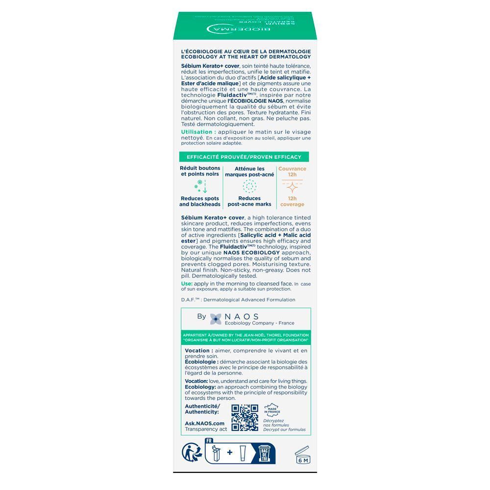 Achterkant van de doos Bioderma Sébium Kerato+ Cover Gel-Crème.