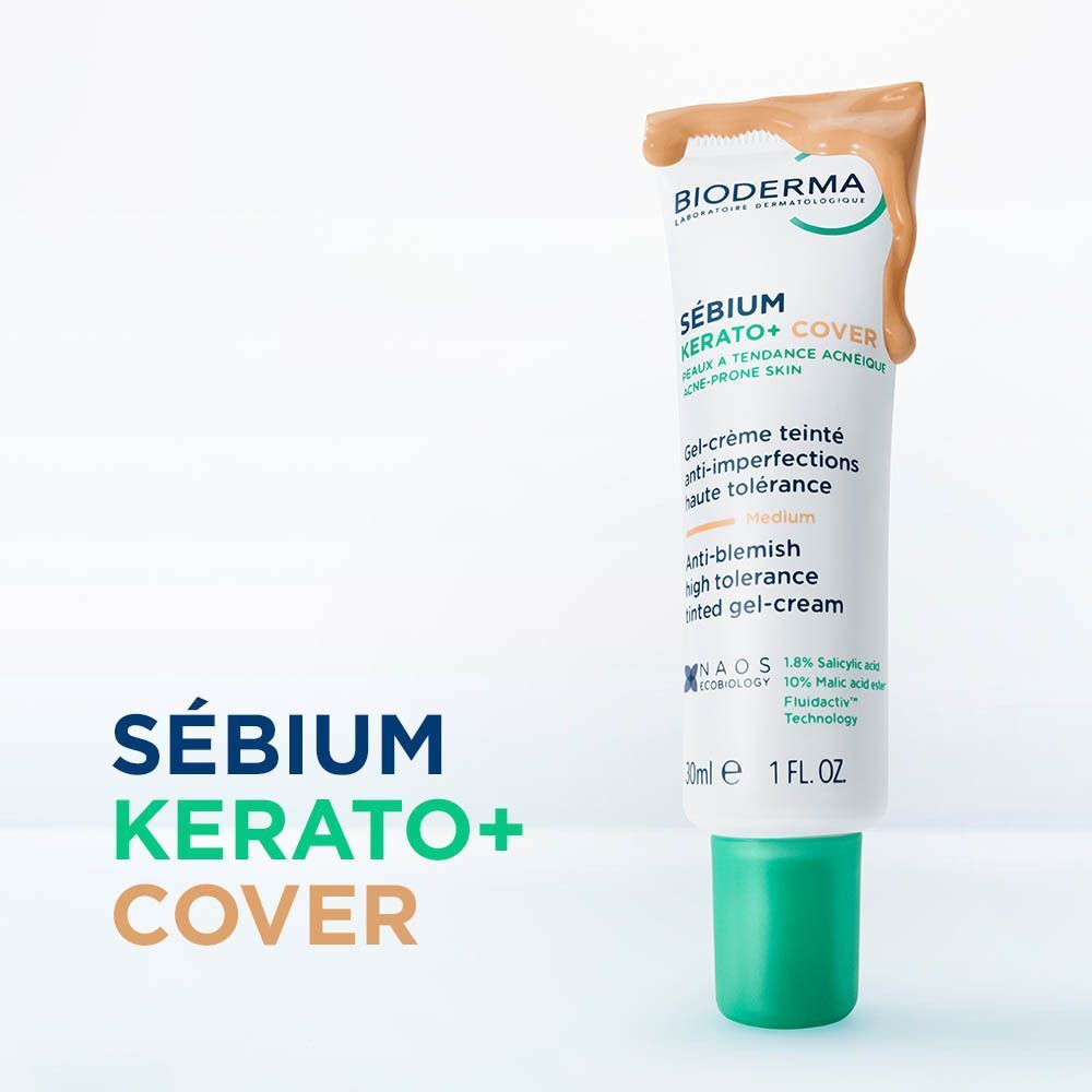 Bioderma Sébium Kerato+ Cover Gel-Crème, Medium, met kleurstaal.