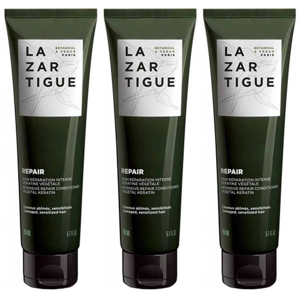 Drie tubes Lazartigue Intensieve Herstelcrème met plantaardige keratine.