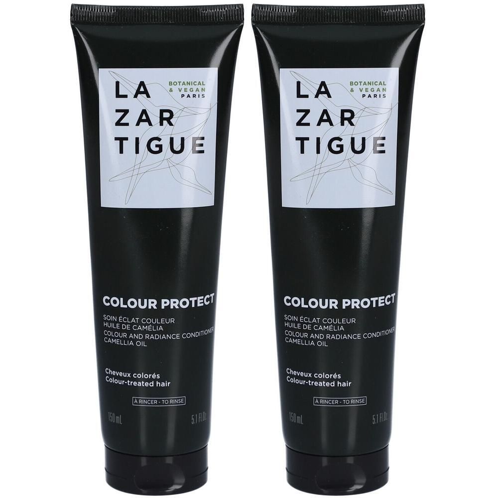 Deux tubes noirs de Lazartigue Colour Protect Après-shampoing, avec étiquette blanche et informations produit.