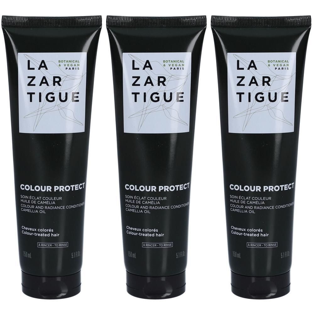 Drie tubes Lazartigue Colour Protect Conditioner met cameliaolie voor gekleurd haar.