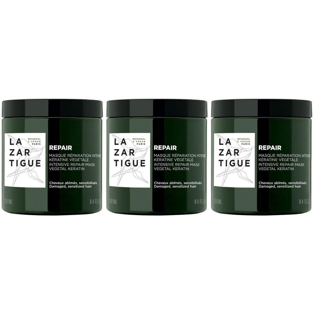 Drie Lazartigue Repair Maskers met plantaardige keratine voor beschadigd haar.