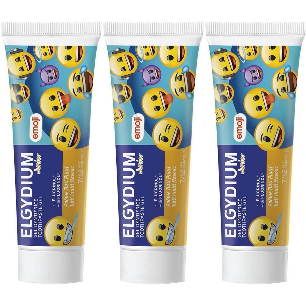 Drie tubes Elgydium Junior Emoji tandpasta, Tutti Frutti smaak, voor 7-12 jarigen.