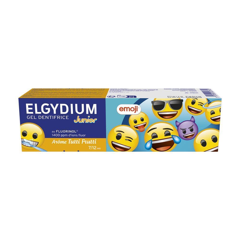 Boîte de dentifrice Elgydium Junior Emoji, goût Tutti Frutti, pour les 7-12 ans.