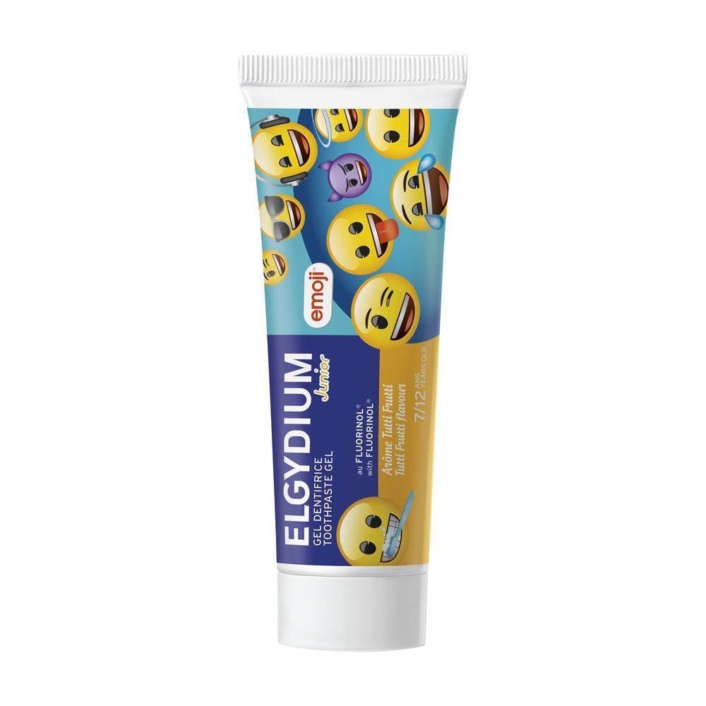 Tube de dentifrice Elgydium Junior arôme tutti frutti, décorée d'emojis.