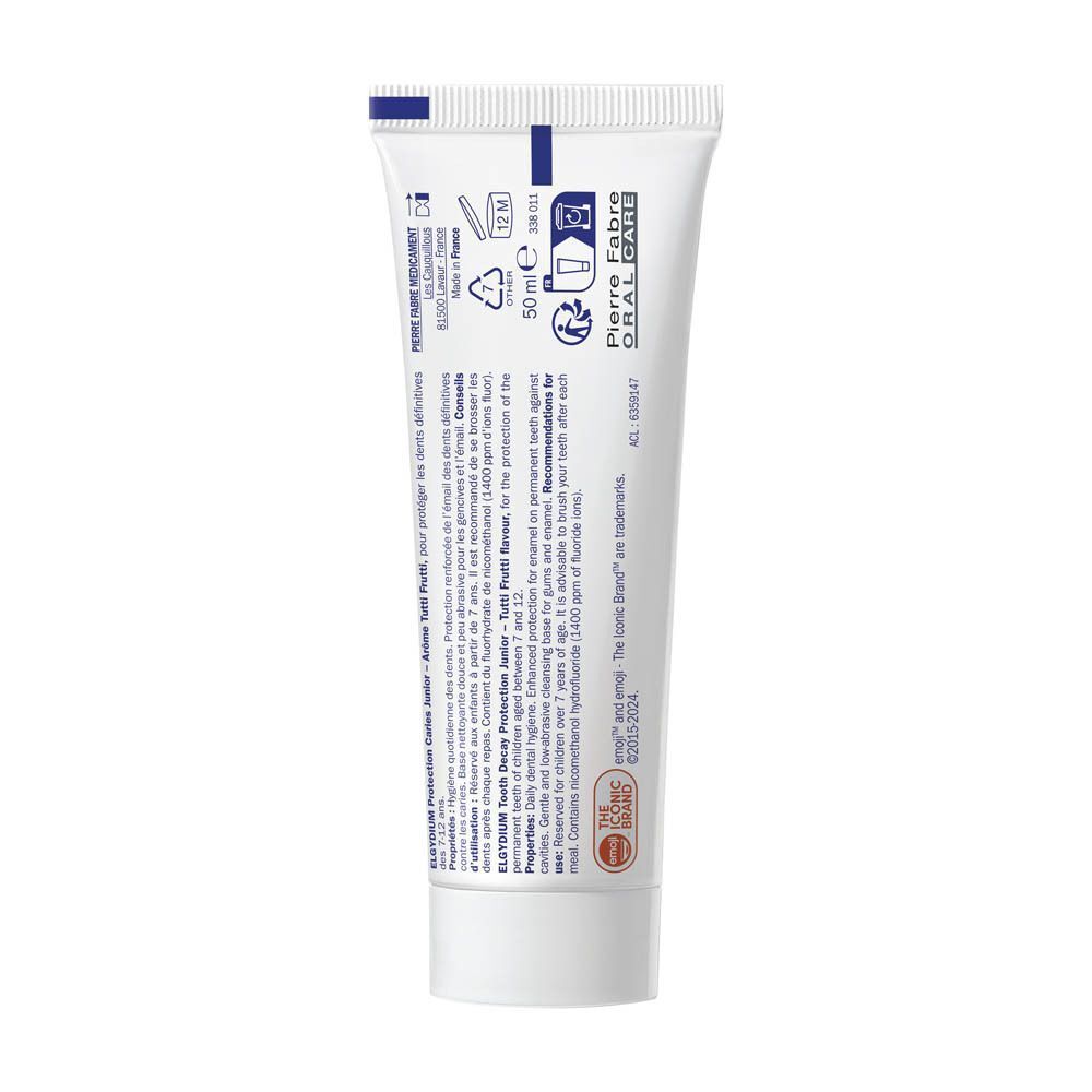 Arrière du tube de dentifrice Elgydium Junior avec informations produit et logo Pierre Fabre.