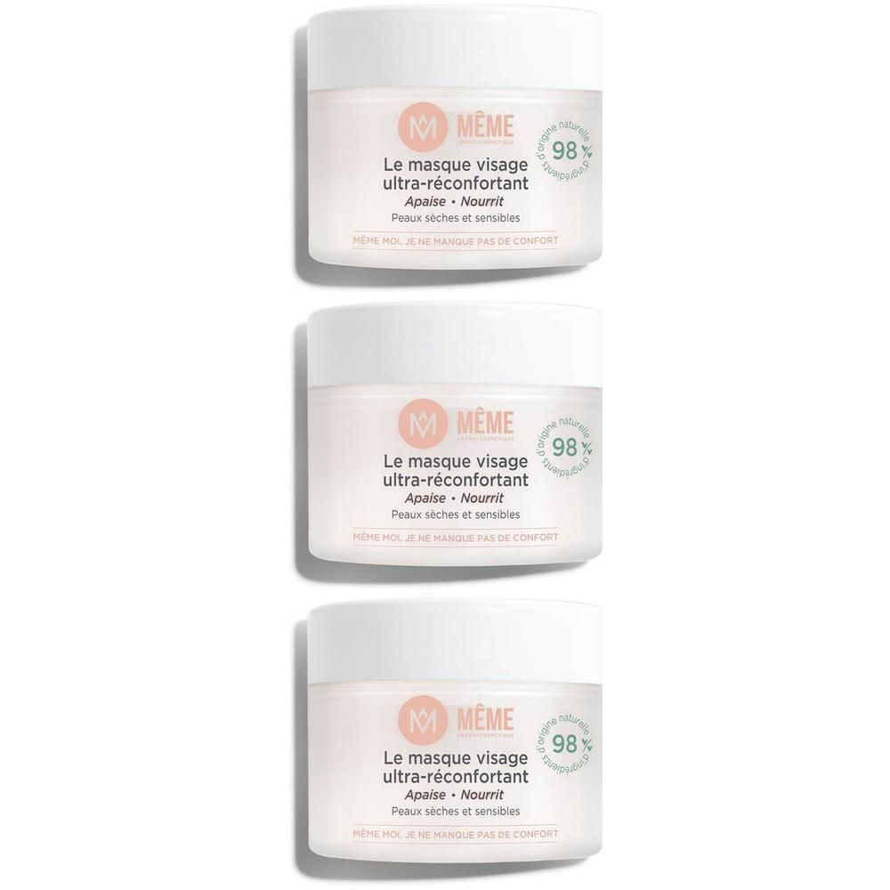 Drie potten MÊME Le Masque Visage Ultra-Réconfortant naast elkaar.