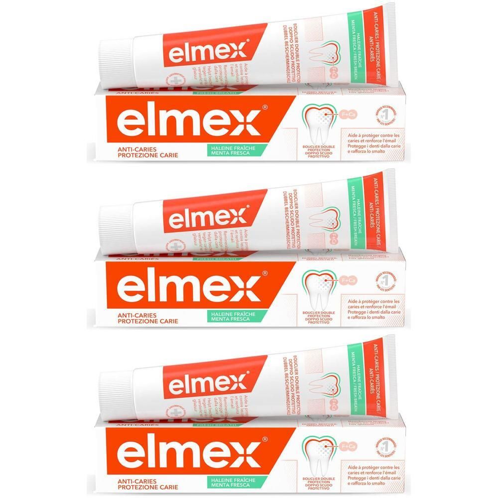 Trois tubes et boîtes de dentifrice Elmex.