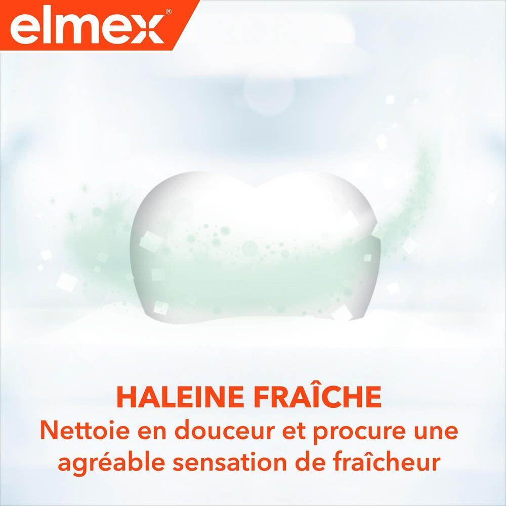 Logo Elmex au-dessus d'une dent stylisée apportant une haleine fraîche.