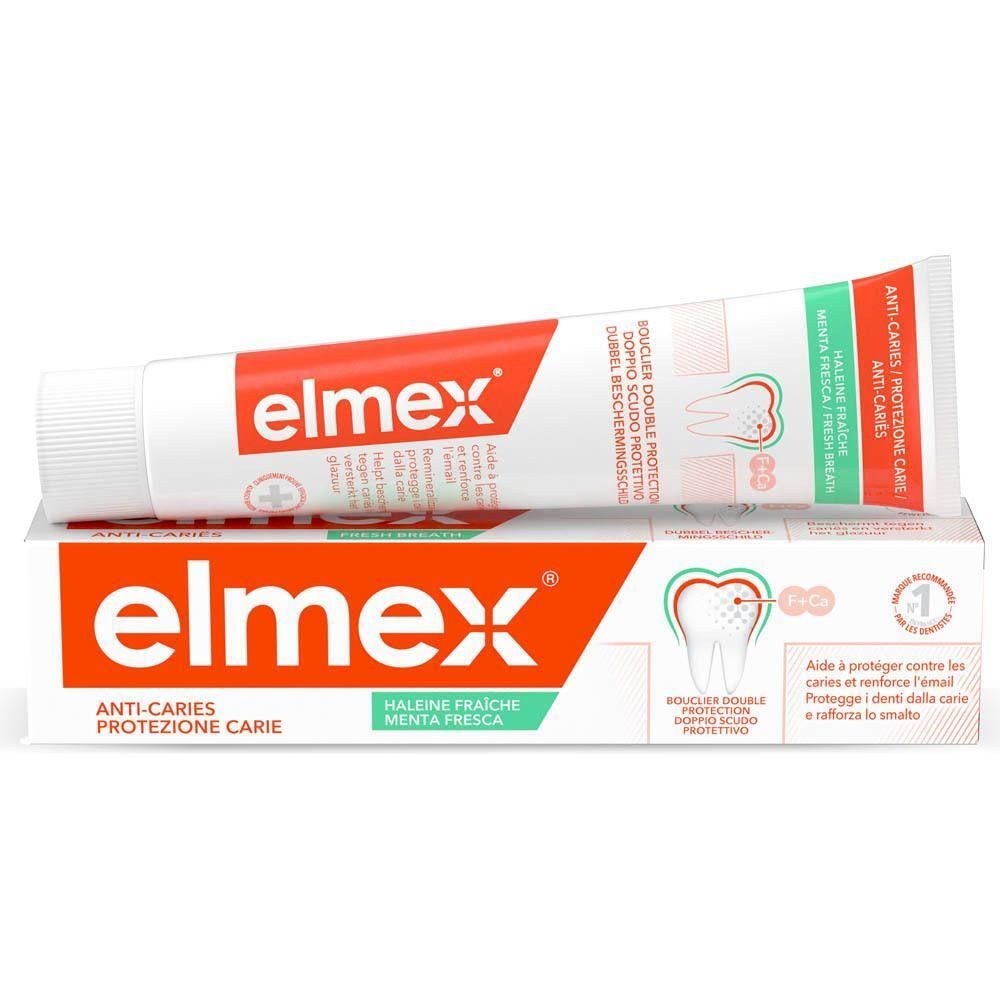 Elmex tandpasta tube en kartonnen doos met opdruk.
