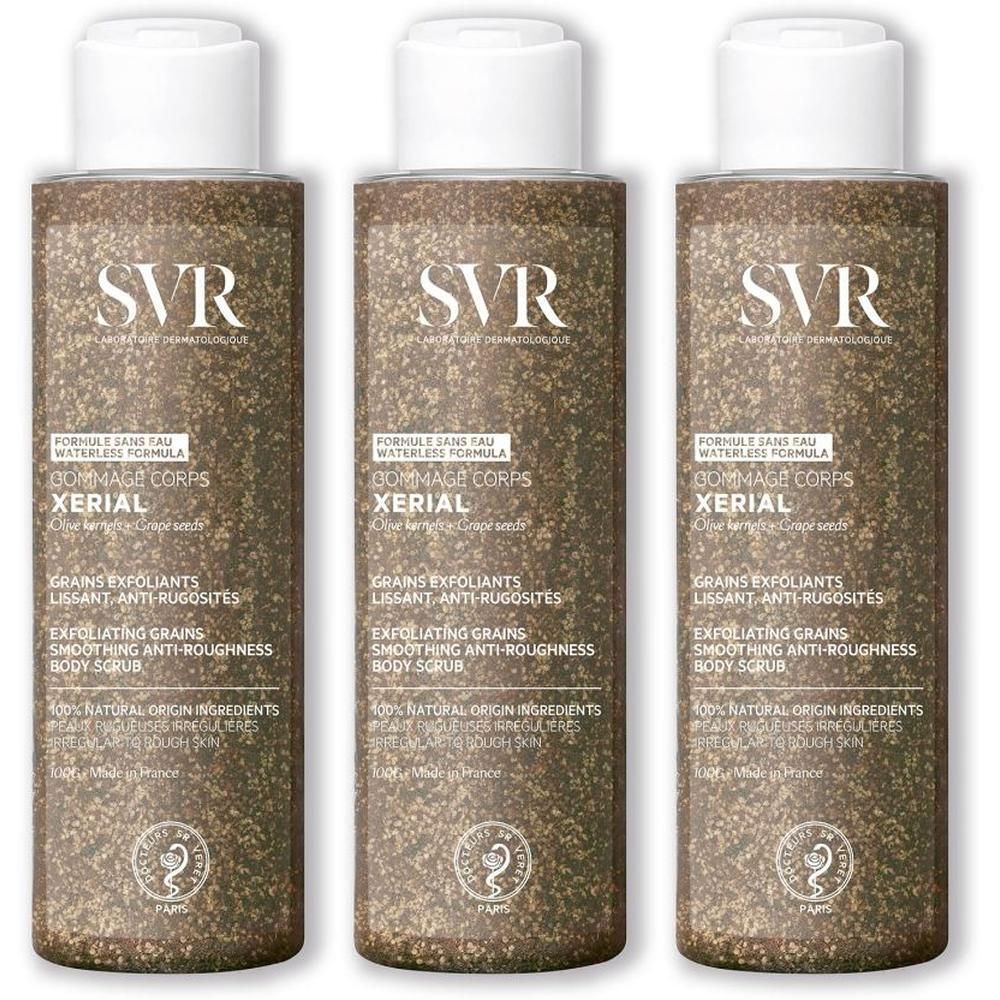 Trois flacons de SVR Xerial Gommage Corps, gommage corps visible avec grains exfoliants.