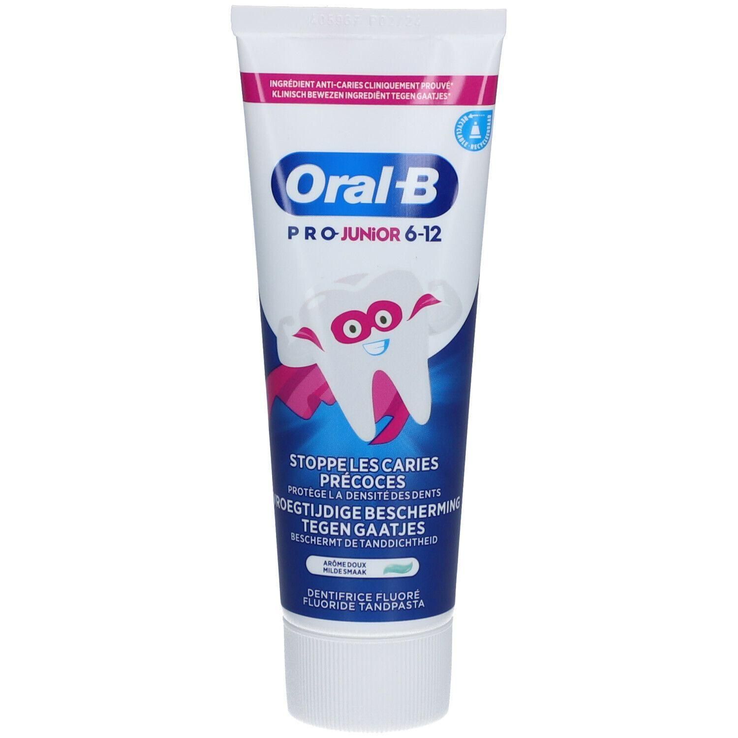 Oral-B Pro Junior 6-12 tandpasta voor bescherming tegen gaatjes, met een getekende tand.