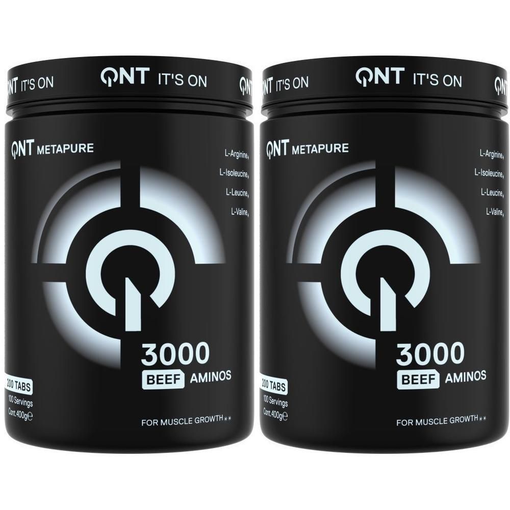 Twee zwarte potten QNT METAPURE 3000 Beef Aminos voor spiergroei.