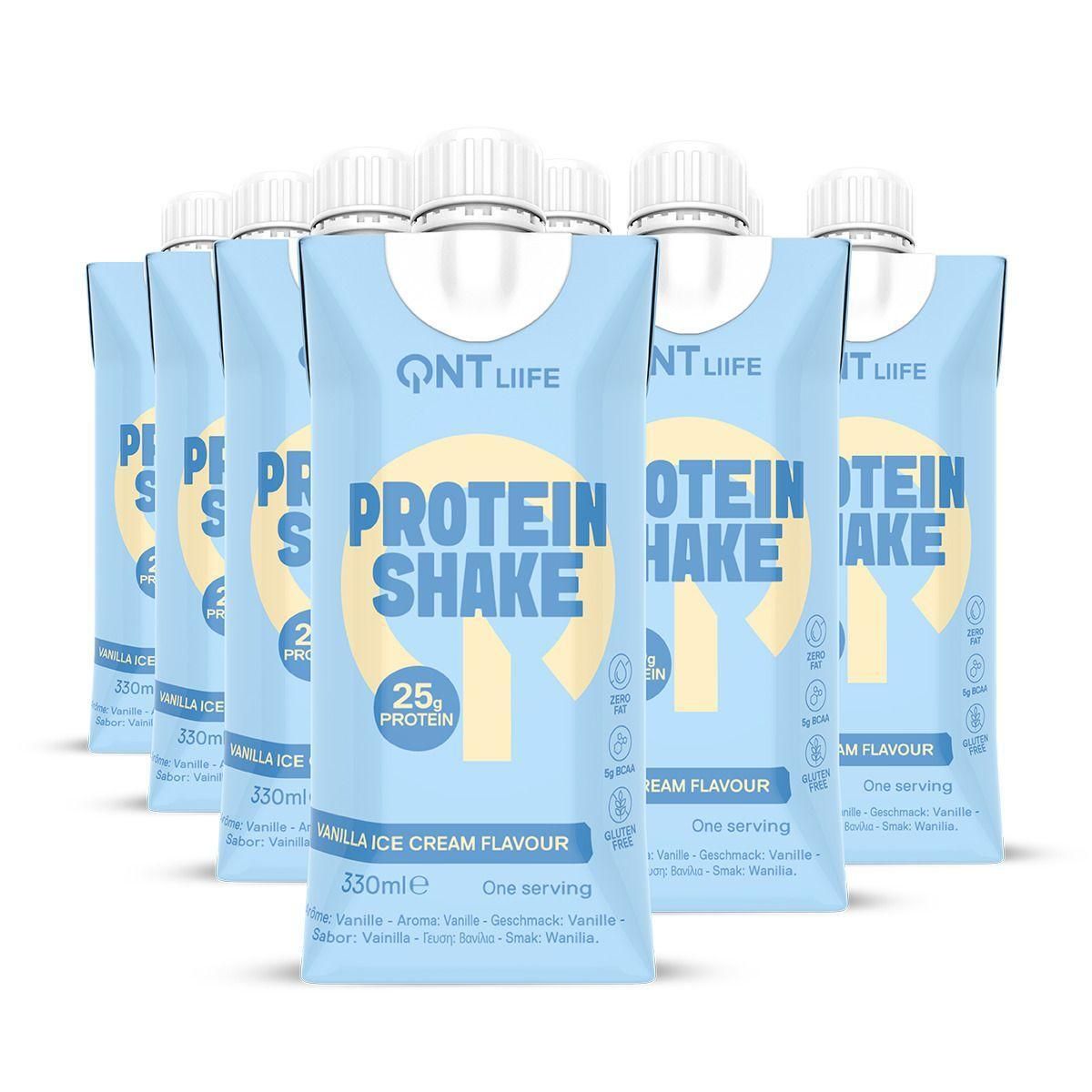Sept QNT LIIFE Protein Shakes saveur vanille glacée, 330ml par bouteille, 25g de protéines.