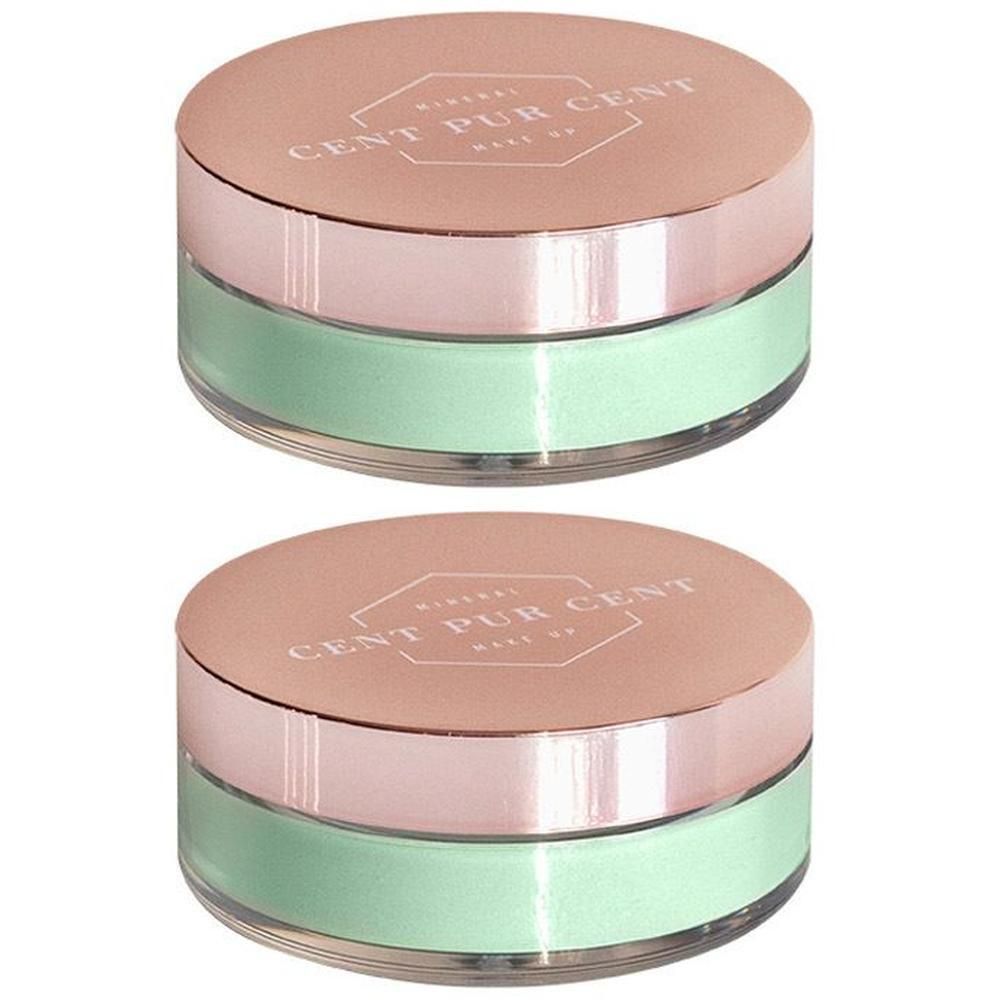 Deux pots de CENT PUR CENT Poudre correctrice anti-rougeurs avec couvercles rose doré et pots vert menthe.