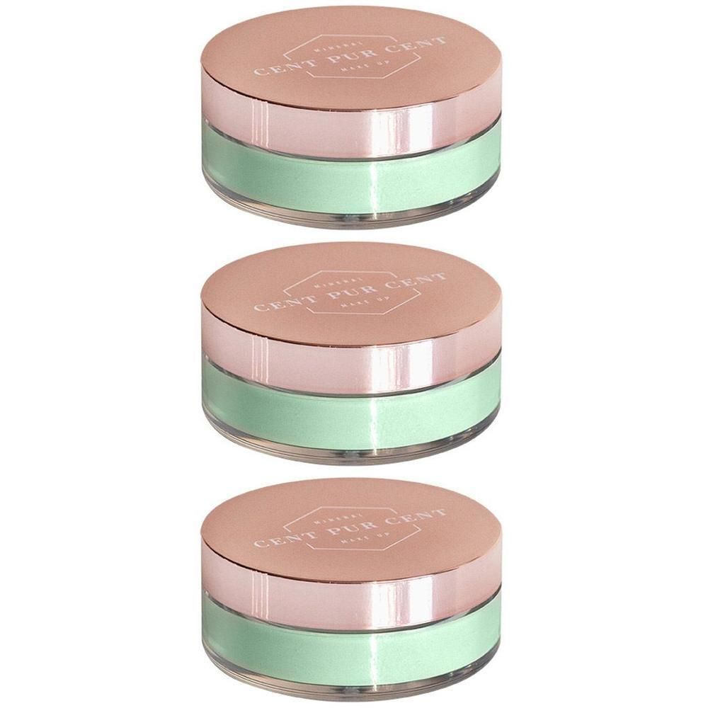 Trois pots de poudre correctrice anti-rougeurs CENT PUR CENT, vert menthe avec couvercles or rose.