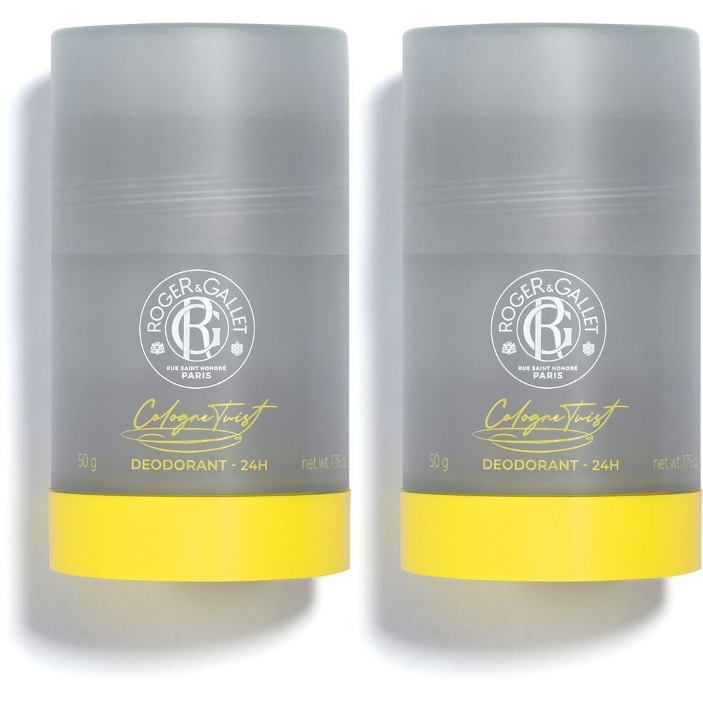 Deux déodorants Roger & Gallet en stick, base jaune et corps gris.