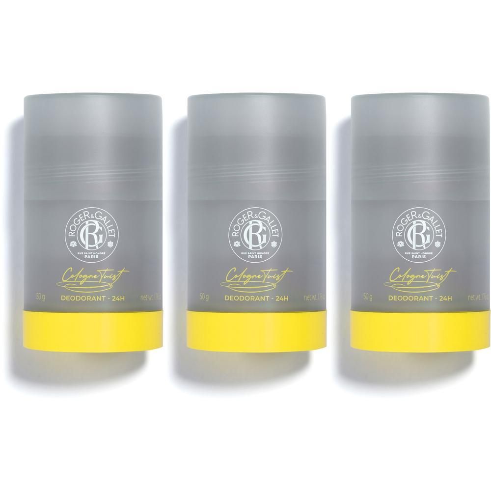 Drie Roger & Gallet deodorant sticks met gele basis en grijze huls.