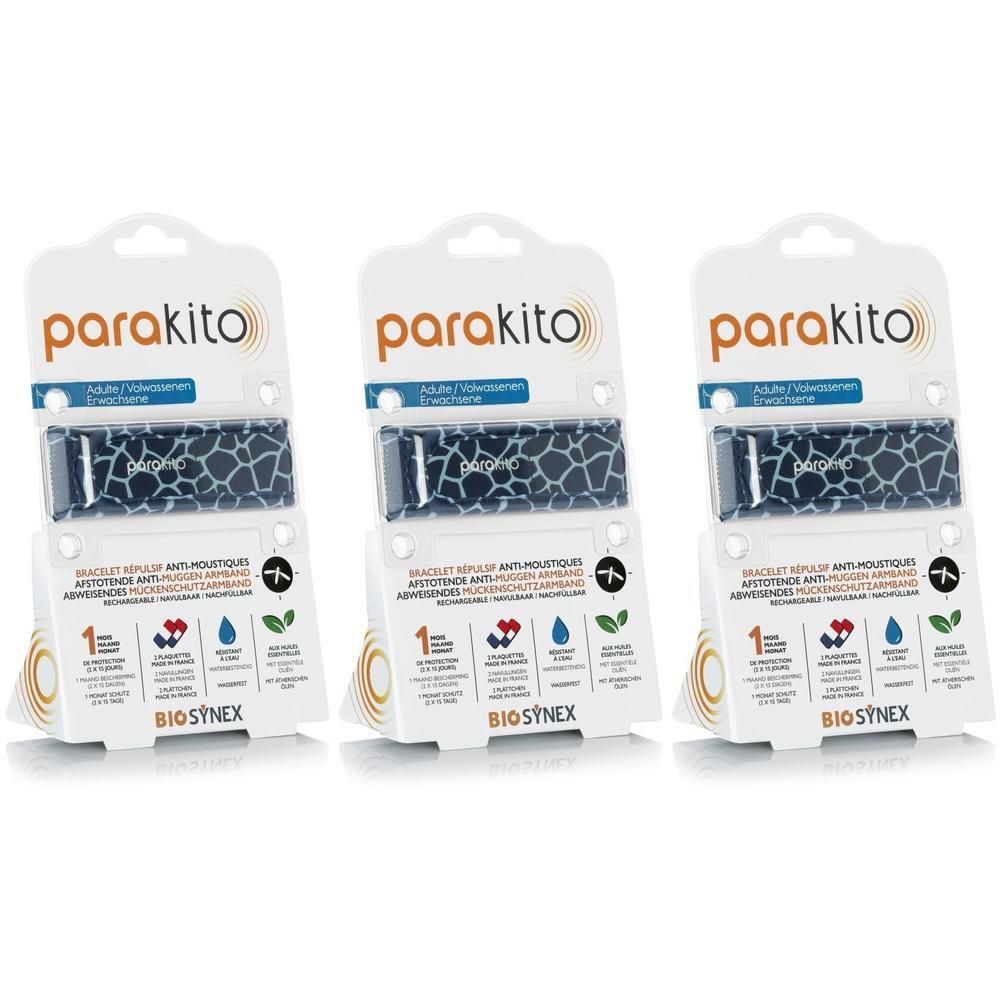 Drie Parakito armbanden met grafisch giraffepatroon, individueel verpakt.