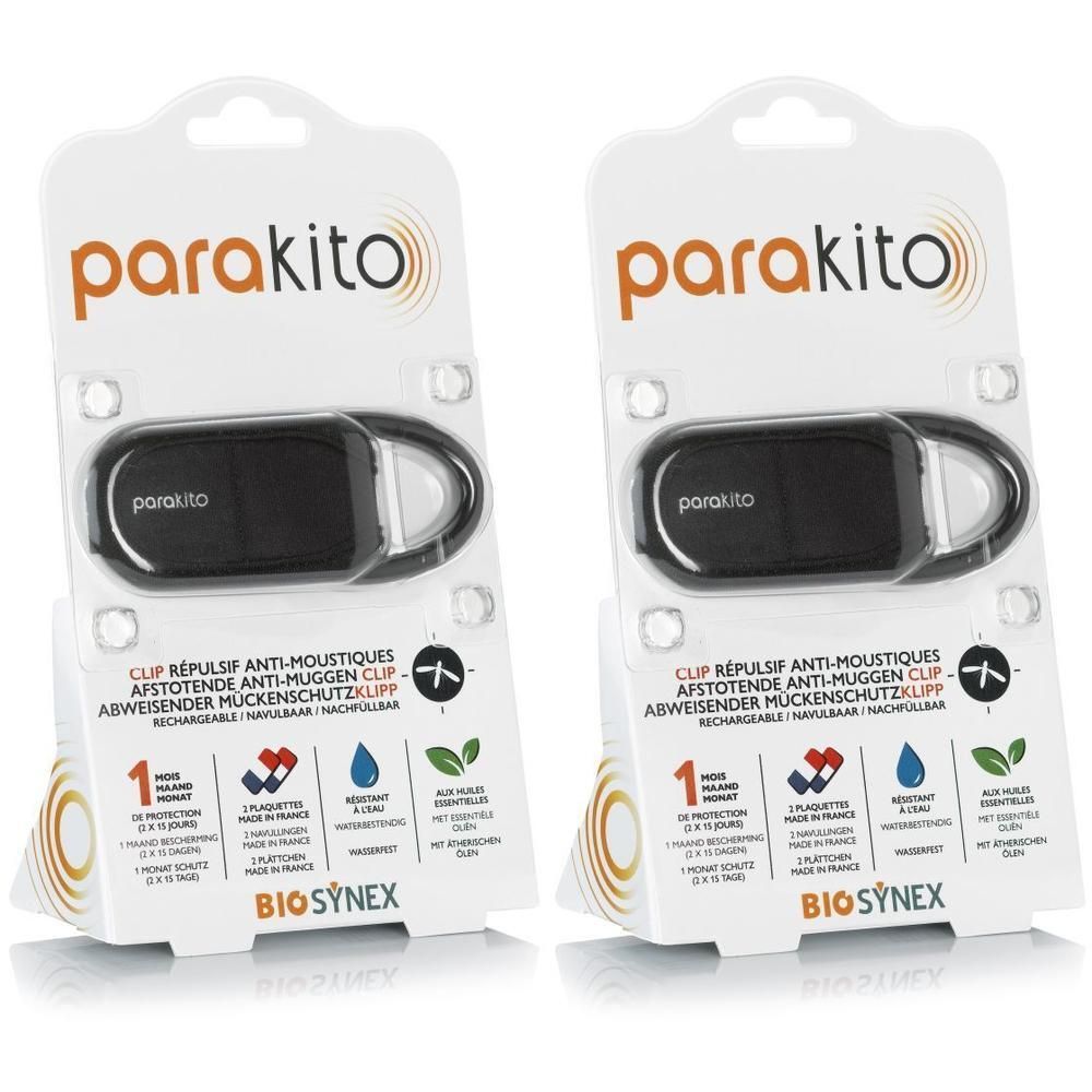 Deux clips anti-moustiques noirs Parakito sous blister avec informations produit.