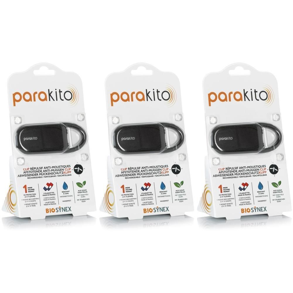 Trois clips anti-moustiques Parakito noirs sous emballage.